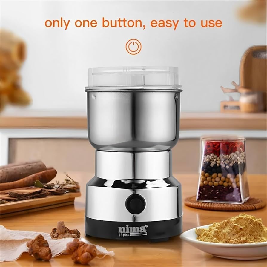 Image of Stainless Steel Mini Electric Grinder - Compact Coffee, Spice, Masala, Nut & Grain Crusher, Portable Mixer Machine for Home Kitchen