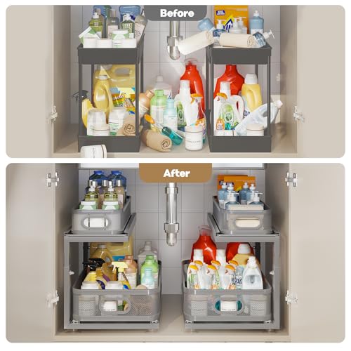 Image of 2 Pack 21IN-Depth Under Sink Organizer With Next-Gen Ball-Bearing Slides,2-Tier Precision Mesh Pull Out Cabinet Storage for Bathroom&Kitchen,Height Adjustable Drawers Shelf,Anti-rust-Grey