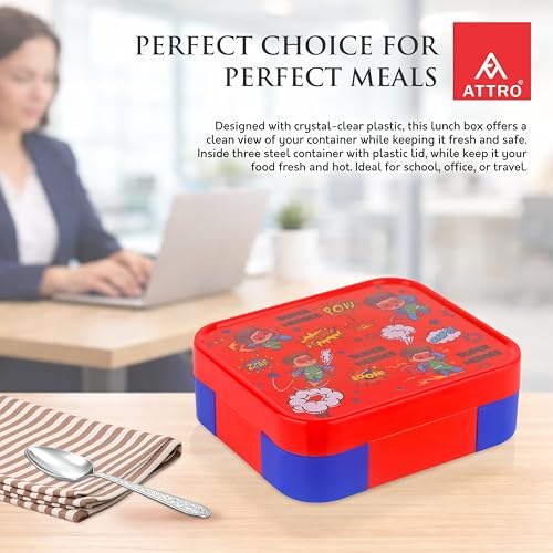 Image of ATTRO Admire Deluxe 3 Compartment Stainless Steel Lunch Box, BPA-Free Inner Steel, Lightweight & Durable, Easy Carry Tiffin for Kids,School & Travel-Superhero Print Red-800ml