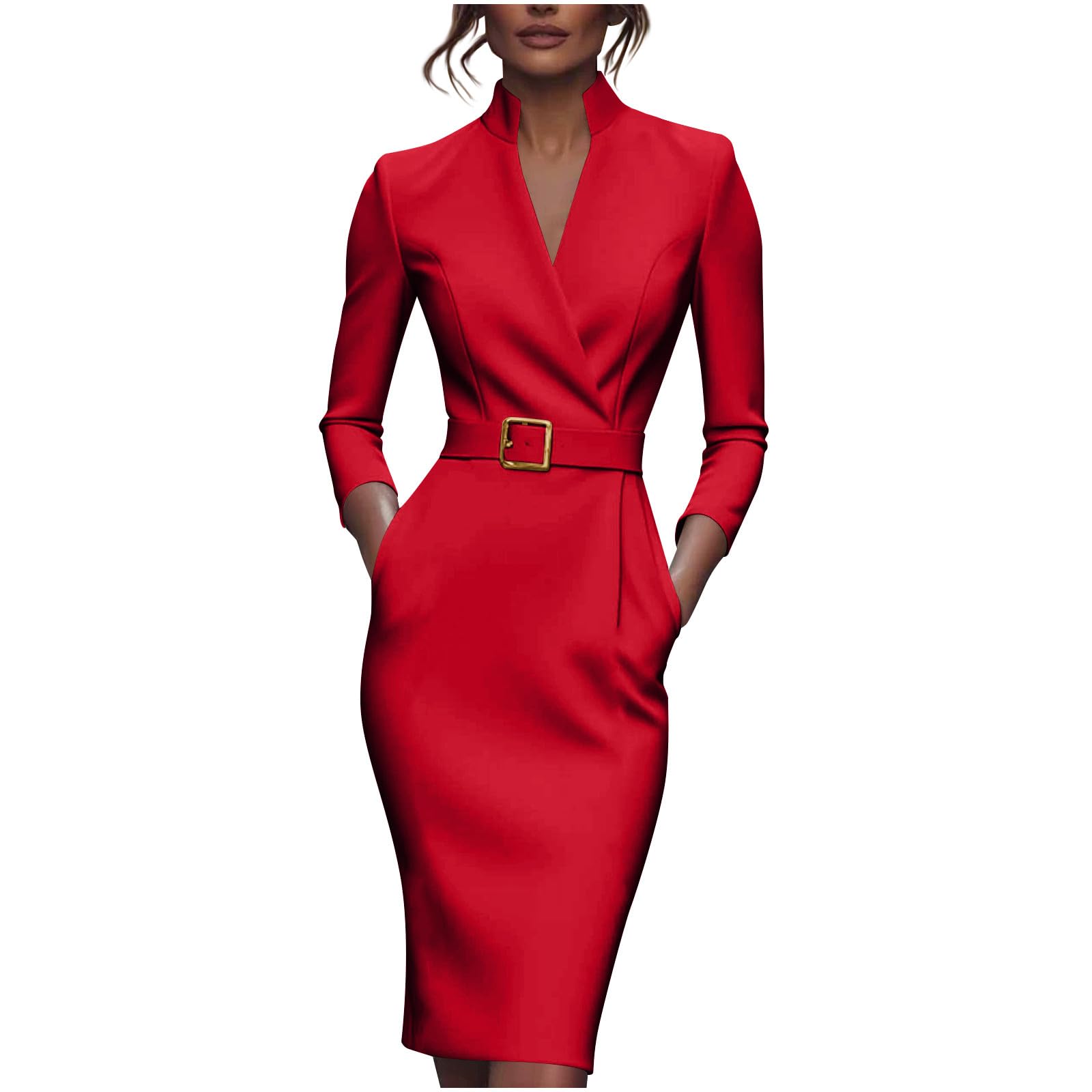 Womens Work Pencil Dress Long Sleeve Wrap V Neck Bodycon Sheath Dresses Elegant Office Business Dresses with Pockets