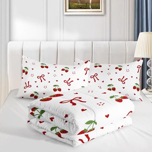 Image of AILONEN Sweet Fruit Comforter Full 3 Piece Coquette Ribbon Bedspread Red Cherry Style Print Quilt Cute Room Decoration White Patterned Padded Cover 2 Shams