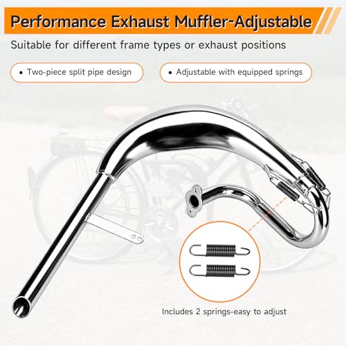 Image of FVRITO Chrome Expansion Chamber Exhaust Pipe Muffler Gasket Compatible with 49cc 50cc 66cc 80cc 100cc 2-Stroke Engines, Adjustable Motorized Bike Exhaust Replacement for YD100 Zeda80 YZ80 Motor Bike