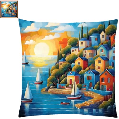 Image of Fanxvivy Stamped Cross Stitch Kits for Adults Beginners Pillow Needlepoint Kit with Embroidery Pattern Needlework Kit Prestamped Stitches Kit 11CT Cross Stitching-Seaside Scenery 18x18 inch