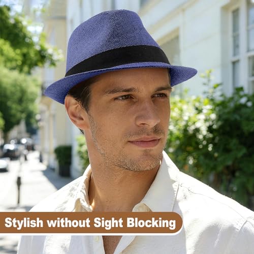 Image of Straw Fedora Hats for Men Women, 1920s Short Brim Trilby Panama Hat Summer Beach Sun Cap