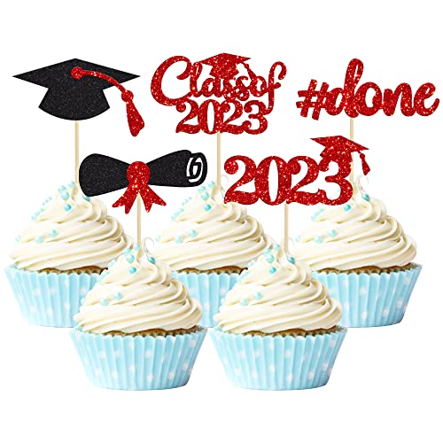 Gyufise 30Pcs 2026 Graduation Cupcake Toppers Red Glitter Class of 2026 Cake Toppers Graduation Done Cupcake Picks Grad Cap Diploma Cake Decorations for 2026 Graduation Theme Party Cake Supplies