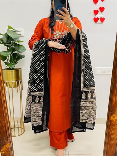 Image of BHARVITA Women's Cotton Embroidered Anarkali Kurta and Palazzo with Dupatta Set | A-line fit