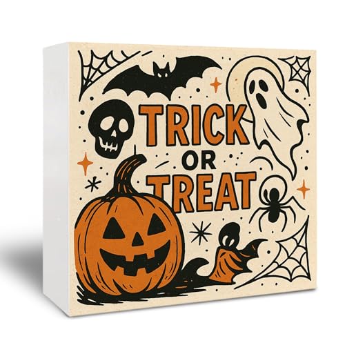 Kneaotoaji Vintage Halloween Wooden Sign - Ghost Pumpkin Desk Decor Halloween Gifts Trick or Treat Wooden Box Sign for Home Office Dorm Tabletop Shelf Decor 5x5 Inch