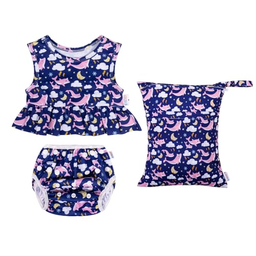 Image of ALVABABY Baby Reusable Swim Diaper with Matching Top,Girl Swimsuit with Waterproof Wet Dry Bag,Sleeveless Tankini Swimwear