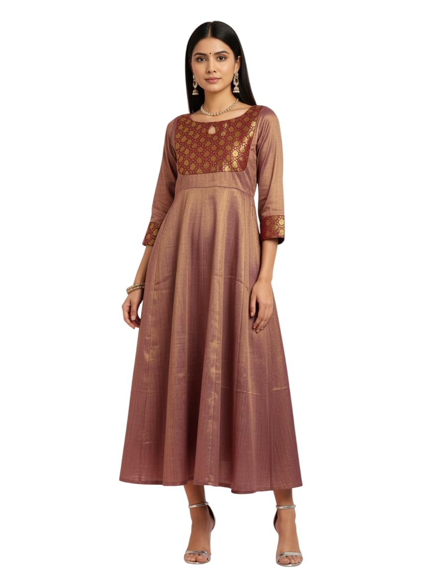 fashily Women's Jacquard Woven Anarkali Gown | Traditional Indian Dress for Women | Tissue Frock for Women Calf Length-picture-8