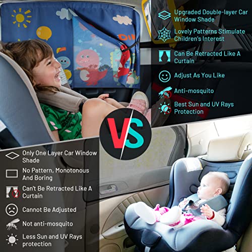 Diza100 Car Window Shade For Baby, Magnetic Double Layer Car Sun Shade For Side Windows Full Shade And Half Shade Options Cute Patterns Car Window Curtain For Heat/Uv Protection (Blue-Dinosaurs) #TOP3
