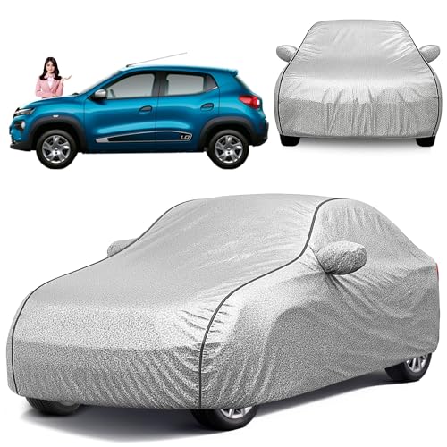 Image of Car Cover Compatible for Kwid All Model & Years (2017-2025) 100% Waterproof with Mirror Pockets, Triple Stitched Bottom Elastic Dustproof Full Body Protection Heat & UV Resistant, Silver