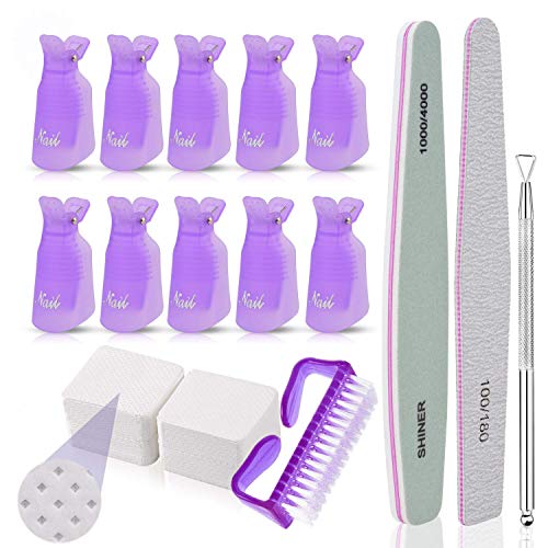 INFILILA Nail Polish Remover Clips Caps Set,10PCS Nail Clips For Polish Removal With Upgrade REAL Lint Free Nail Wipes,Cuticle Pusher,Nail File&Buffer,Clean Brushes,Professinal Nail Polish Remover Kit