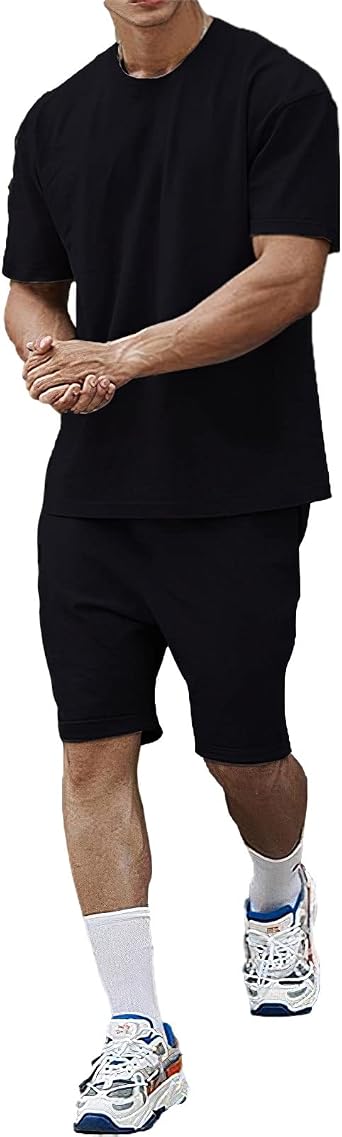 ANUFER Mens Cotton Crew Neck T-Shirt and Shorts Set Sports Activewear Tracksuit Summer 2 Piece Casual Outfits