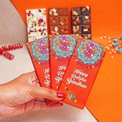 Image of Velvet Fine Chocolates Rakhi Themed Bars | Assorted Chocolate Flavors & Evil Eye Rakhi | Handcrafted Delights | Pack of 1