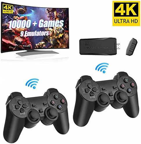 FUNTELL Wireless Retro Game Console, Plug & Play Video TV Game Stick with 10000+ Games Built-in, 64G, 9 Emulators, 4K HDMI Nostalgia Stick Game for TV, Dual 2.4G Wireless Controllers