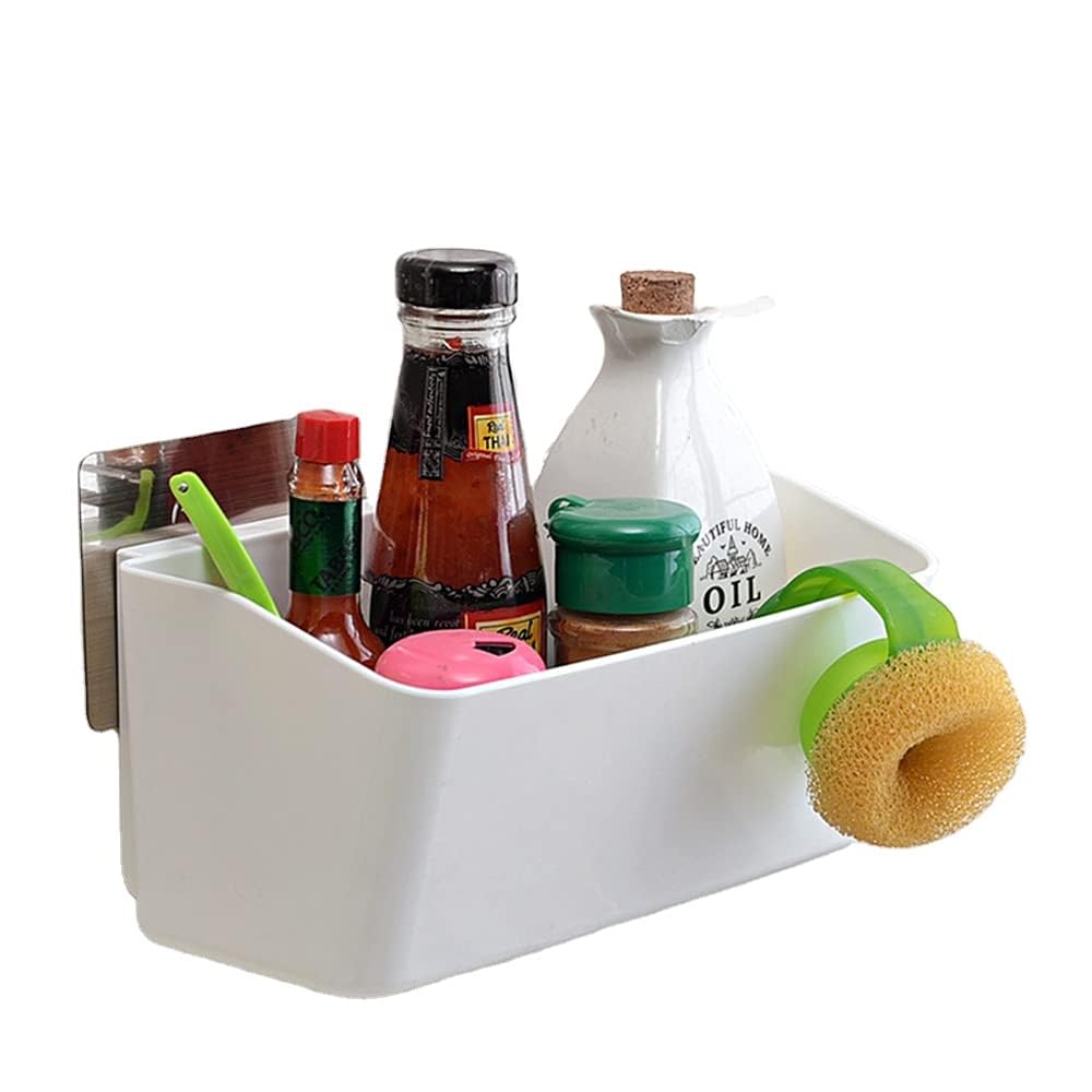 Wall Mount Bathroom Shelf with Strong Adhesive Sticker, No Drill Plastic Storage Rack for Bathroom & Kitchen, Multipurpose Wall Organizer Basket with Side Hook for Shampoo, Cleaning Accessories-image-43