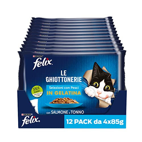 Purina Felix Le Ghiottonerie Cibo Umido per Gatti con Salmone e Tonno, 48 buste da 85g