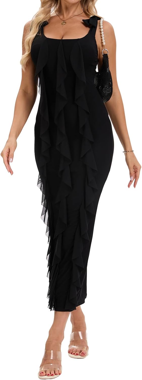 Women's Sexy Bodycon Maxi Dress Ruffle Ruched Cocktail Party Stretch Tied Strap Split Slim Dresses - Image 8