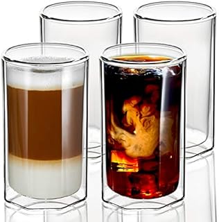 ZENS Double Walled Glass Mugs, 400ml Thermo Glasses Cups Set of 4, Octagonal Thick Borosilicate Heat Resistant Insulated Coffee Mug for Latte Macchiato Tea
