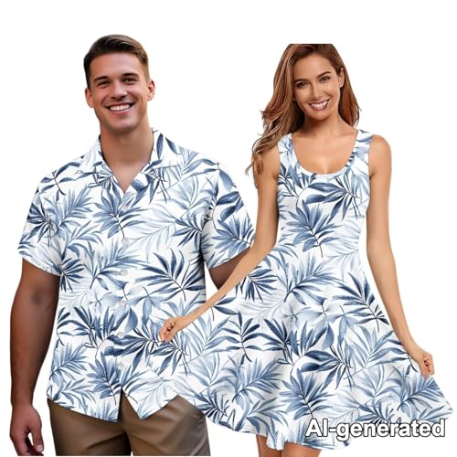 Image of Hawaii Matching Couple Outfits Husband and Wife Clothing Fashionable Mens Casual Shirts Hawaii Dress with Soft Fabric