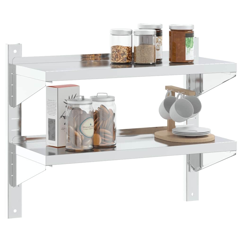 Estantería de pared con 2 estantes, 75 x 30 x 60 cm, acero inoxidable plateado, resistente a la corrosión, montaje en pared, para cocina o garaje