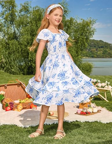 GRACE KARIN Girls Floral Summer Dress Flutter Sleeve Square Neck Midi Casual Dress for Girl 6-14Y - Image 3