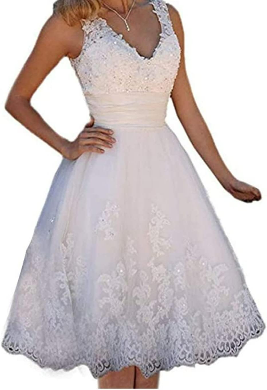 QXMYOO Women V-Neck Short Wedding Dresses Lace Prom Party White Homecoming Dress