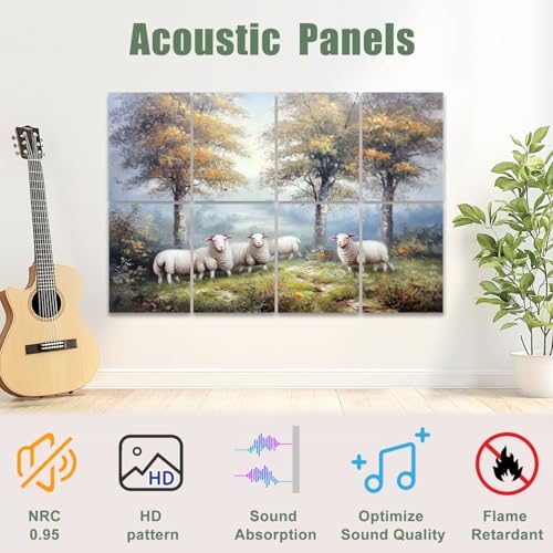 8 Paneles Acústicos Artísticos Absorbentes de Sonido, Vintage con Diseño de Ovejas y Árboles en Estilo Granero, Autoadhesivos, para Estudios de Grabación y Oficina 48"x32" miniatura 3