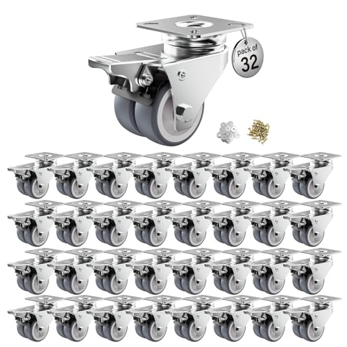 Image of Caster Wheels, 2inch Casters Set of 32 Heavy Duty, Two-Wheeled Grey TPR Casters with Brake, Double-Wheeled Swivel Plate Locking Castor Wheels Widely Used in All Kinds of Furniture.(32 Pack)