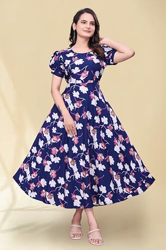 Image of Women's A-Line Crepe Maxi Dress | Stylish Fit and Flare Dress with Round Neck Short Puff Sleeves for Casual Wear