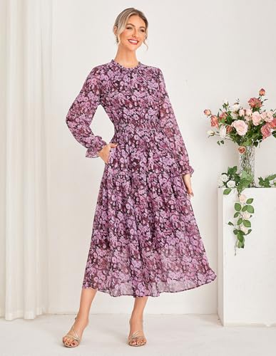 GRACE KARIN Women's Long Sleeve Maxi Dress Fall 2025 Chiffon Flowy Wedding Guest Dresses Floral Tiered Dress with Pockets2
