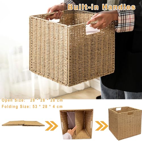 Aluusy 2 Storage Baskets, Hand Woven Wicker Basket Cube 28 cm, Large Collapsible Water Hyacinth Paper Basket with Handles, Decorative Basket for Bathroom Shelves Kallax Kitchen - Cosy Home Interiors Aluusy 2 Storage Baskets, Hand Woven Wicker Basket Cube 28 cm, Large Collapsible Water Hyacinth Paper Basket with Handles, Decorative Basket for Bathroom Shelves Kallax Kitchen - Image 3