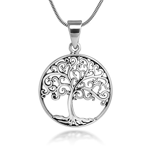 CHUVORA Sterling Silver 21 mm Filigree Tree of Life Symbol Round Pendant Necklace, 18'' Snake Chain
