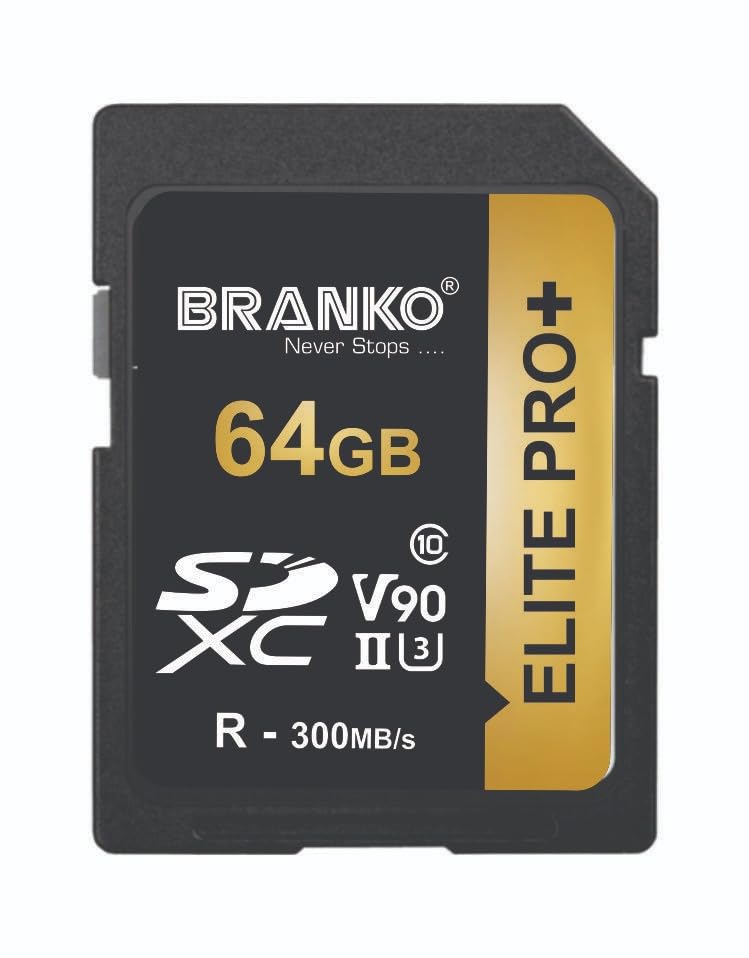 BRANKO Elite PRO Plus V90 SD Card 64 GB,SDXC |UHS-II |U3| Class 10, Read Speed-300MB/s,Write Speed-300MB/s Support 4K/8K Recording. 5 Year Warranty