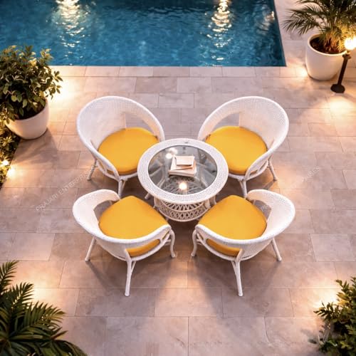 Image of Lotey Outdoor D-12 Chairs Table Set 4+1 Wicker Patio Furniture Sets 4 Chair and 1 Table with Cushions for Garden Balcony Bedroom Powder Coated Frame Uv Protected Wicker (Cream +Yellow)