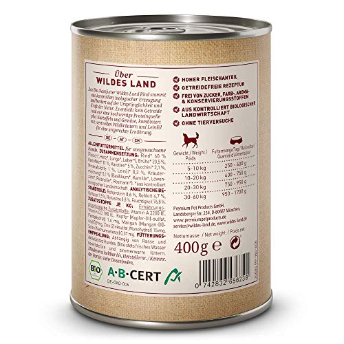 Wildes Land - Nassfutter für Hunde - Bio Rind - 12 x 400 g - Getreidefrei - Extra hoher Fleischanteil von 60% - 100% zertifizierte Bio-Zutaten - Beste Akzeptanz und Verträglichkeit