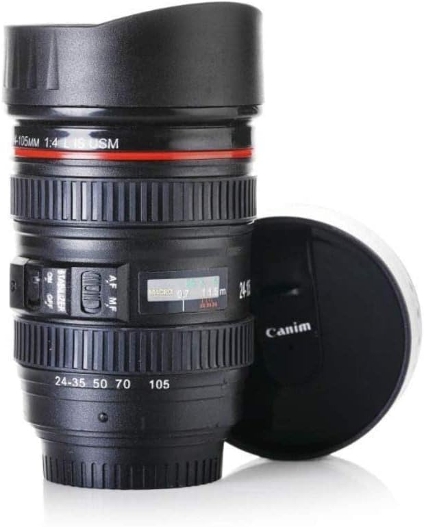 RIXIM Camera Lens Shaped Coffee Mug with Lid, Steel Insulated | Gifting idea| DSLR Camera Lens Shaped Travel Thermos Cup 400 Ml, Black