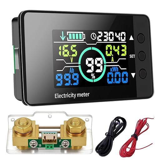 500A Battery Monitor with Shunt 7.5-100V Multimeter with LCD Large Screen Testing Digital Indicator Battery Meter with Calibration and Alarm, Backlight Timing for Solar System Cart RV