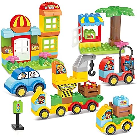 burgkidz Big Building Blocks - 141 Pieces Large Size Creative Bricks Toy Cars Set with Road Baseplate - 6 Different Model Vehicles, Kids Creative Kit and Construction Play Car Gift for Aged 2 and Up Cover