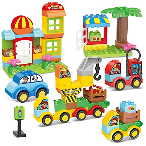 burgkidz Big Building Blocks - 141 Pieces Large Size Creative Bricks Toy Cars Set with Road Baseplate - 6 Different Model Vehicles, Kids Creative Kit and Construction Play Car Gift for Aged 3 and Up