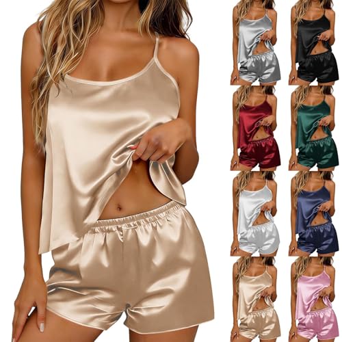 HAOLEI Pijama Mujer Verano,Conjunto Mujer de Satén Dos Piezas Casual Pijamas Cortos Verano Camiseta de Tirantes y Pantalones Cortos Informal Cómodo Ligero Traje de Casa Ropa de Dormir