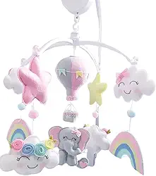 Móbile Musical Giratório Berço Elefante, Elefantinha, Chuva de Amor, Arco Íris Rosa