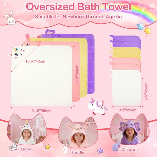 Image of OFUSUY 12 PCS Baby Bath Towels for Infants Toddlers, 4 PCS Animal Hooded Baby Towels & 8 PCS Washcloths Set, Soft & Ultra Absorbent Newborn Bath Cute Essential Gifts for Boys & Girls