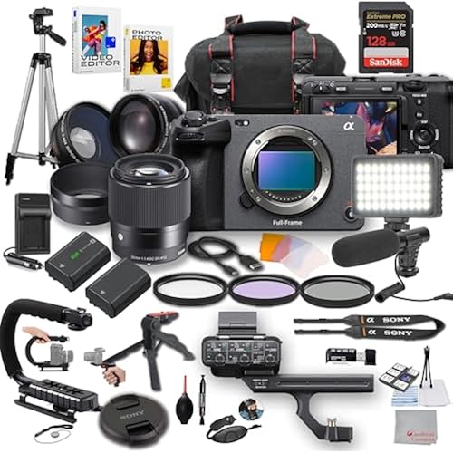 Sony FX3 Full-Frame Cinema Camera with Sigma 30mm f/1.4 DC DN Lens, LED Light, Microphone, 128GB Extreme Speed, U-Grip, Filters, Tripod, Case, Software, & More – Pro Video Bundle (38pc)