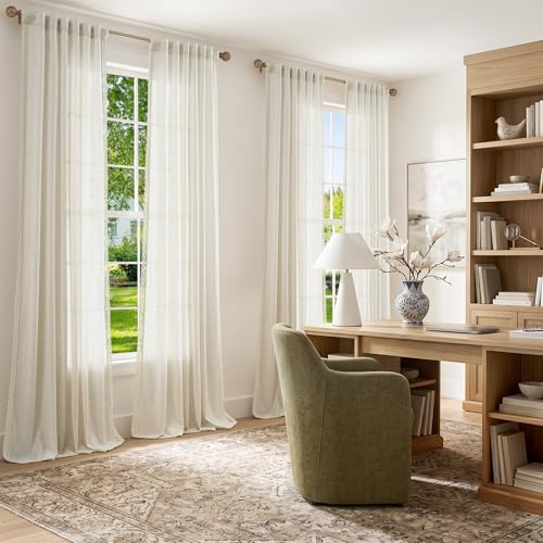 Image of jinchan Linen Curtains with Lace Trim Beige Curtains for Living Room 108 Inch Long Rod Pocket Rustic Curtains Semi Sheer Light Filtering Drapes Bedroom Dining Room Window Curtain Set 2 Panels