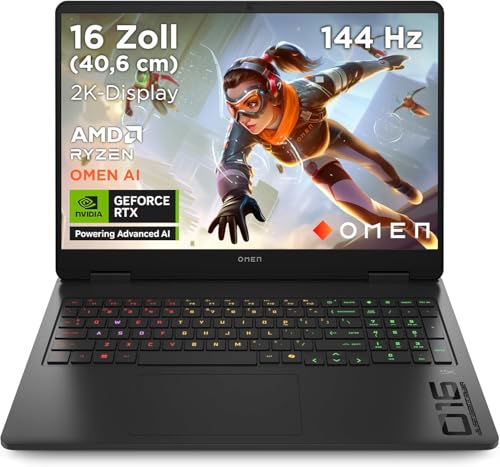 OMEN Gaming Laptop, 16' WUXGA Display 1920×1200, 16:10, 144Hz, AMD Ryzen 9 8940HX, NVIDIA GeForce RTX 5070, 32GB RAM, 1TB SSD, Win 11, 4-Zonen-RGB-QWERTZ Wi-Fi 6, Shadow Black, inkl. 3 Monate GamePass