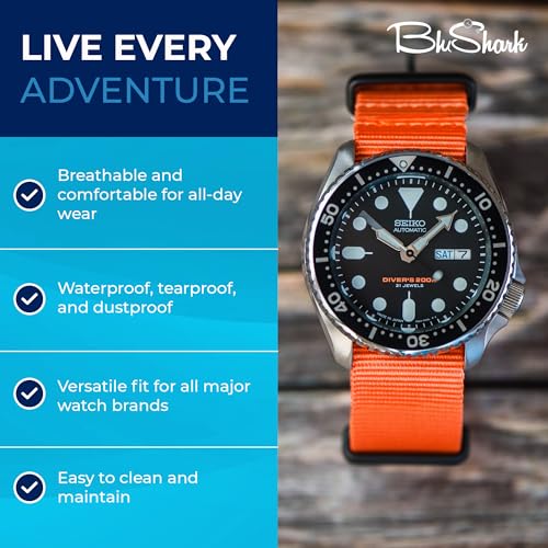 Image of BluShark - Original Collection Military-Style Waterproof Watch Strap, Fits All Timepiece Brands, Durable Nylon Wristwatch Accessories with Stainless Steel Buckle - 18mm, 20mm, 22mm & 24mm Watch Bands