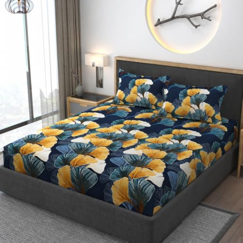 Image of Vaini Premium Heavy Cotton Elastic Fitted Bedsheets with 2 King Size Pillow Covers || Double Bed with All Around Elastic 350 (Green Mushroom, 72x78 Inch King Fitted)