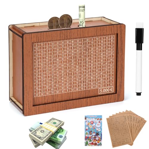 Spardose aus Holz mit Zähler, 5000€ DIY Sparschwein mit Zahlen Ankreuzen, Wiederverwendbare Spardose mit Weihnachtsaufkleber für Kinder Erwachsene, mit 10000, 8000, 3000, 2000, 1000, 500€ Aufkleber