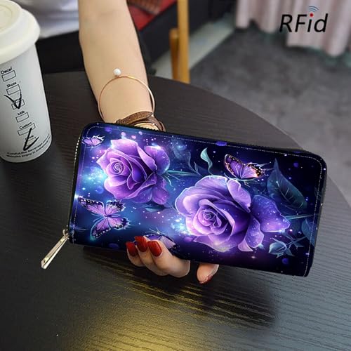 RFID Blocking Leather Wallet for Women – Large Capacity Zip Around Clutch with 8 Card Slots,40 Cash Pockets & Coin Zipper,Purple Rose Butterfly4